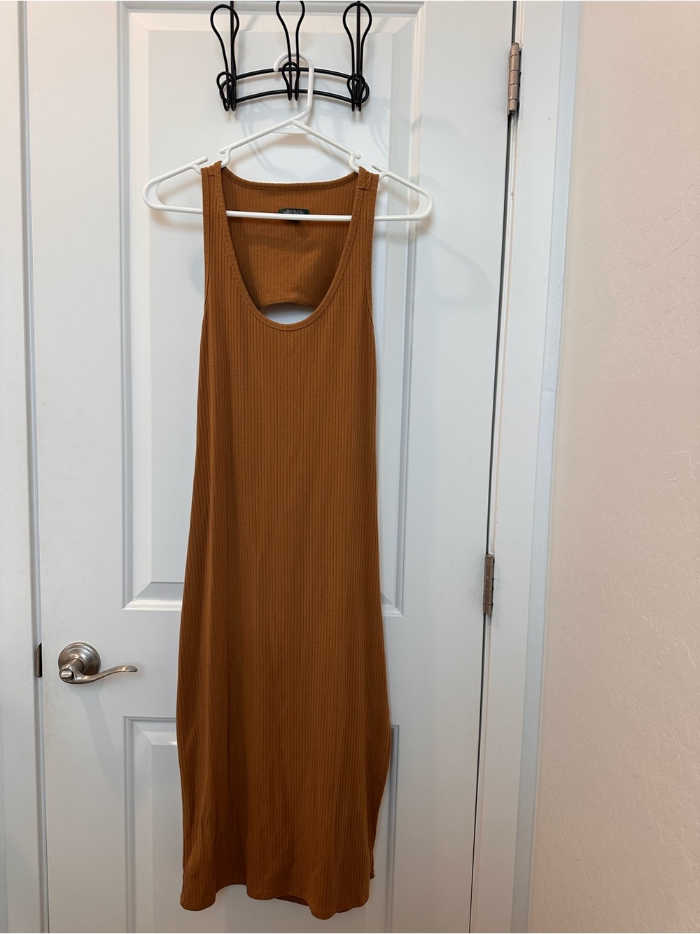 Wild Fable Ribbed Midi Dress with Open Back in Camel Brown